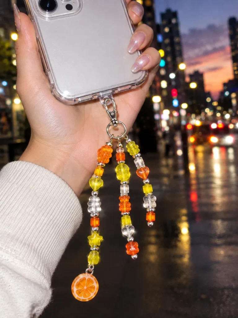 Tangerine Glitch Cluster Charm worn or in use