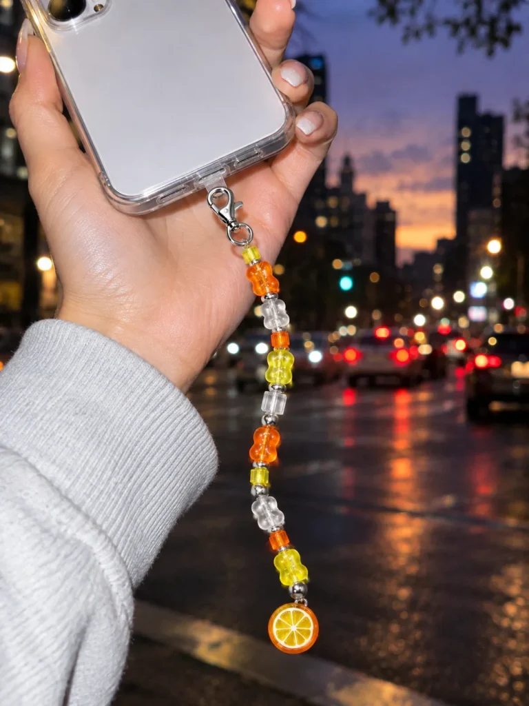 Tangerine Glitch Drop Charm worn or in use