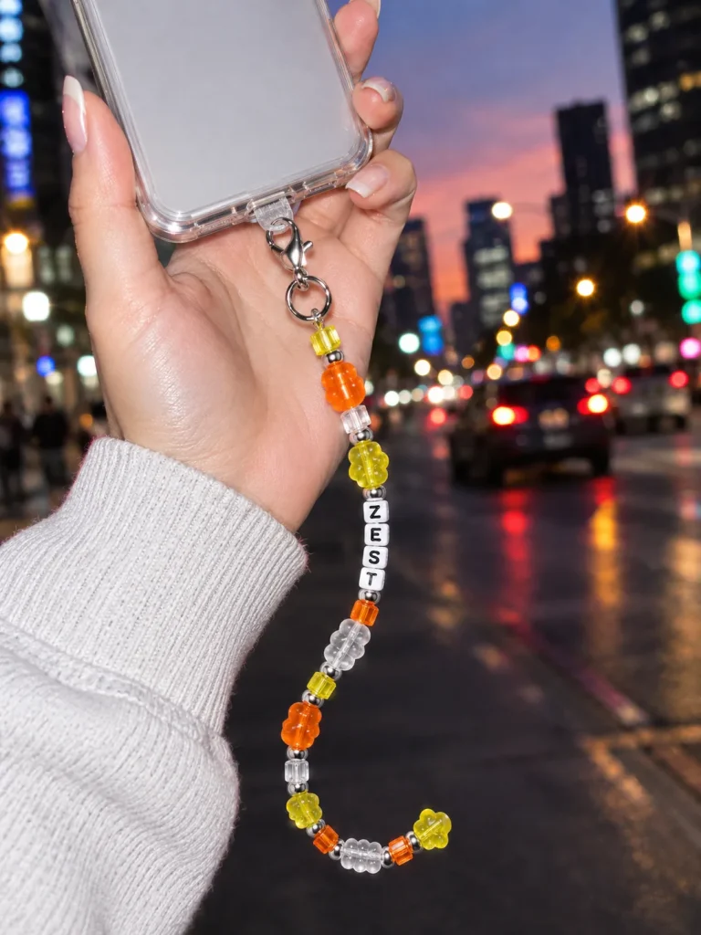 Tangerine Glitch Pixel Strand worn or in use
