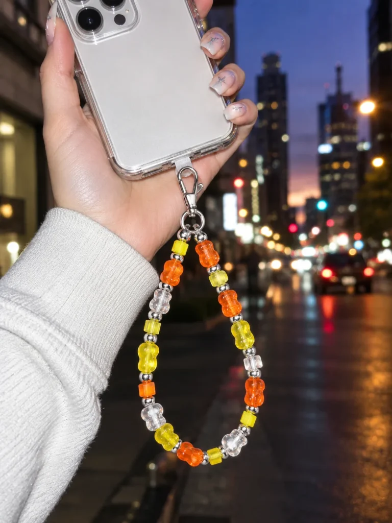 Tangerine Glitch Wrist Loop worn or in use